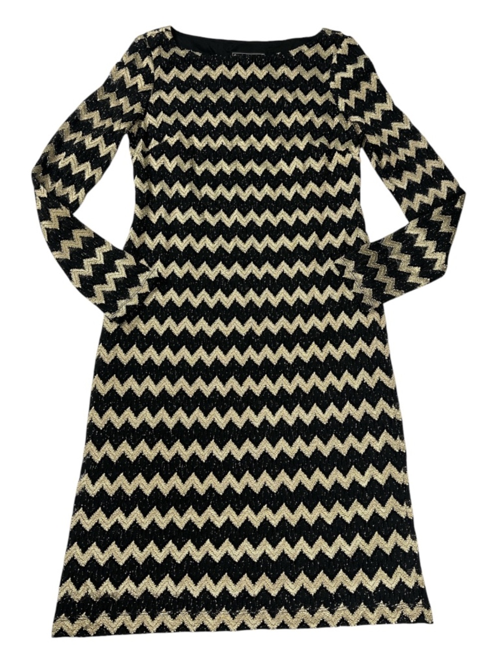 Jessica Howard Black Gold Chevron Lace Dress Size 8 Metallic Long Sleeve - Picture 2 of 10